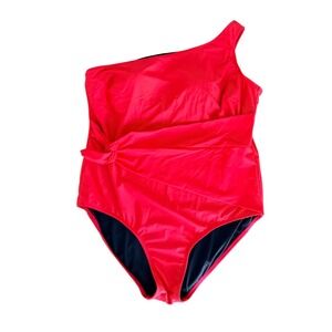 Coastal Blue Womens 3X Red One Shoulder Side Tie Ruched One Piece Swimsuit